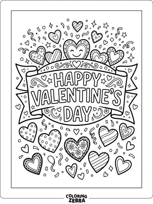 Happy Valentine’s Day banner with hearts and confetti