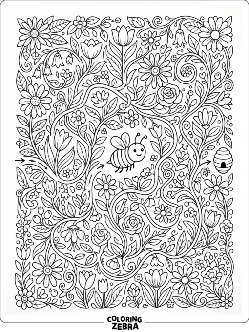 A bee flying through flowers and vines