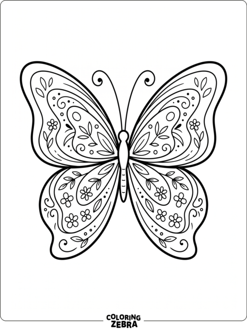 A butterfly with layered wings and tiny floral accents