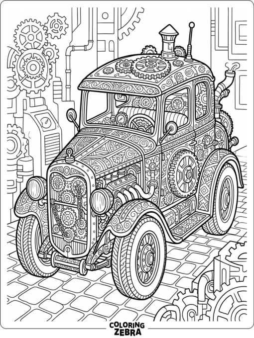 A detailed car with gears and patterned panels