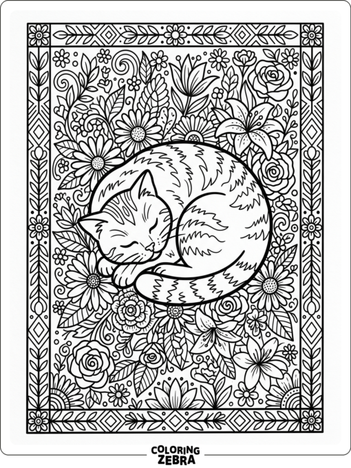 A curled cat surrounded by flowers and a patterned border