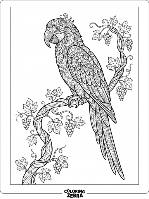 A detailed parrot sitting on a twisting vine
