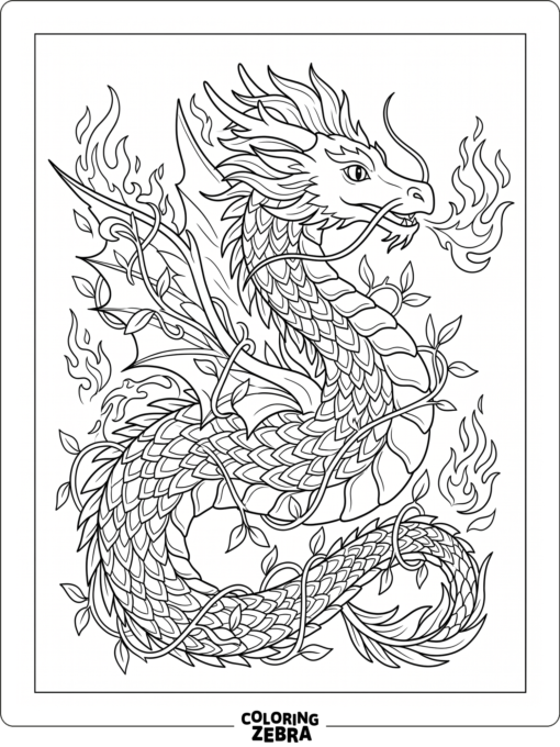 A detailed dragon with flames and curling vines