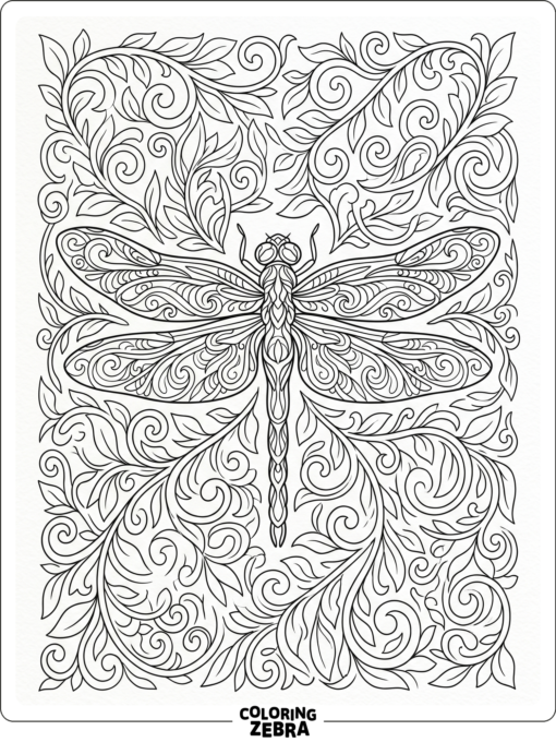 A dragonfly with ornate wings and vines