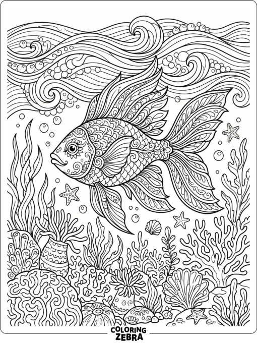 An ornate fish with layered fins and waves