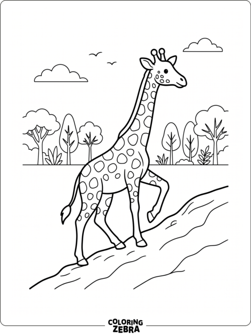 A giraffe climbing a small hill with distant trees