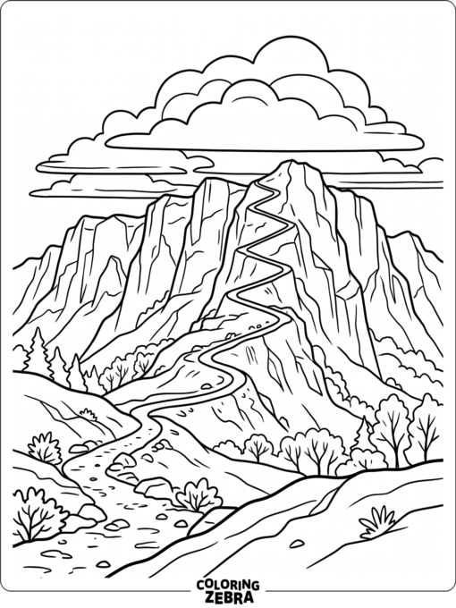 A rugged mountain trail with cliffs and clouds