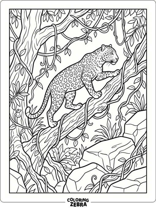 A leopard climbing a branch with vines and rocks around it