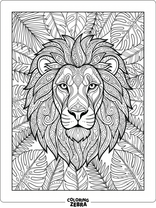 A lion with intricate mane patterns and leaves