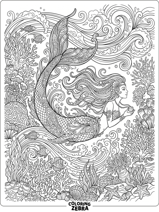 A detailed mermaid with coral and wave patterns