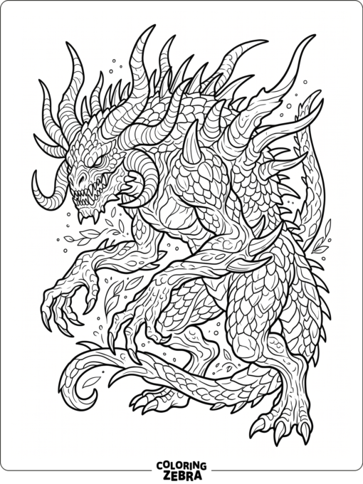 A detailed monster with horns, scales, and twisted limbs
