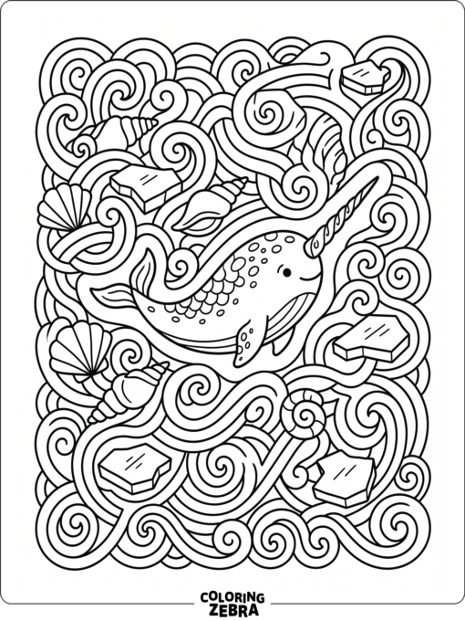 A narwhal in a detailed sea maze