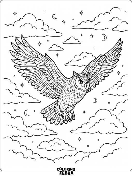 An owl flying through clouds with wings spread