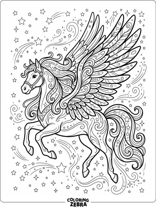 A complex winged horse with layered feathers