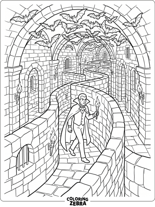 A vampire walking through castle corridors