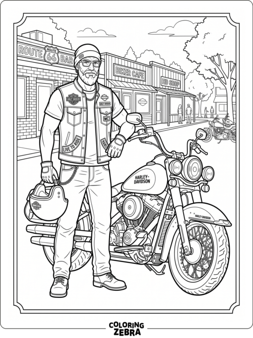 Biker beside a parked Harley with helmet