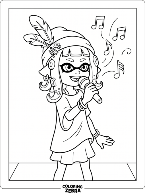 Harmony holding a microphone with music notes