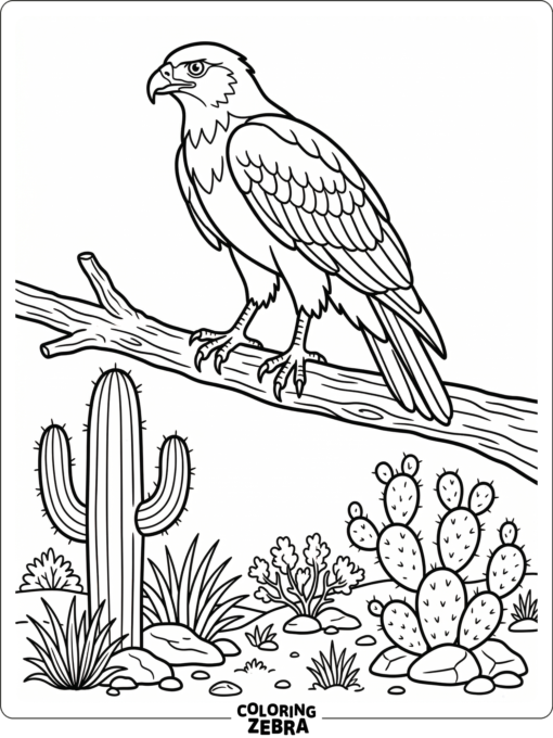 A Harris hawk perched on a branch above desert plants