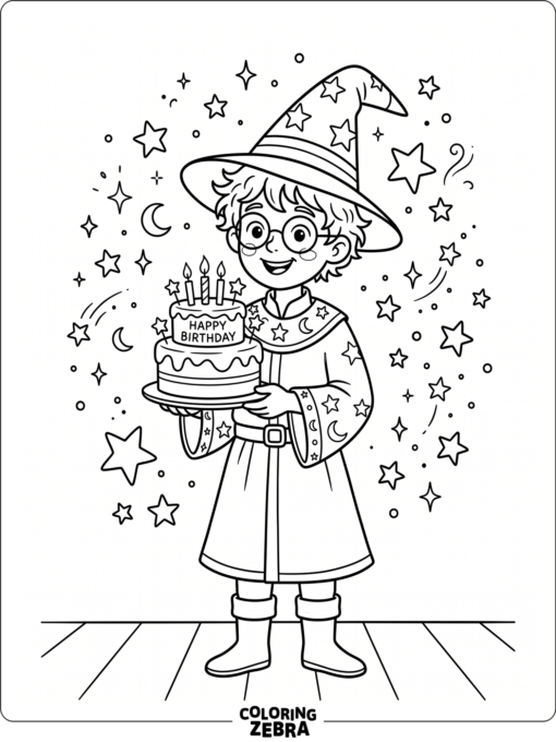 A wizard boy beside a cake and stars