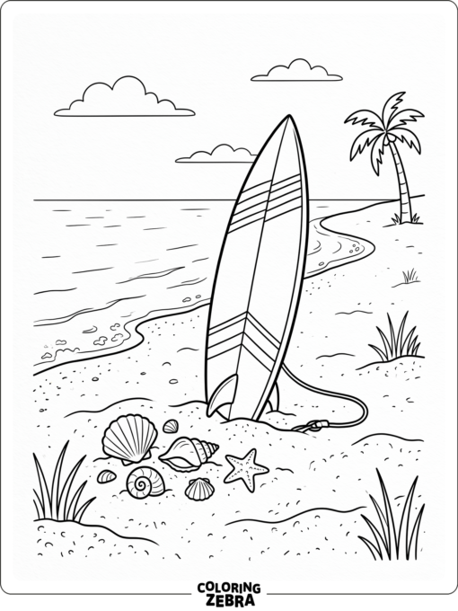 A beach with a surfboard, shell, and palm tree