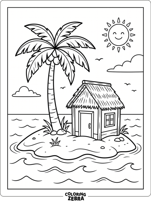 A calm island shoreline with a palm tree and gentle waves