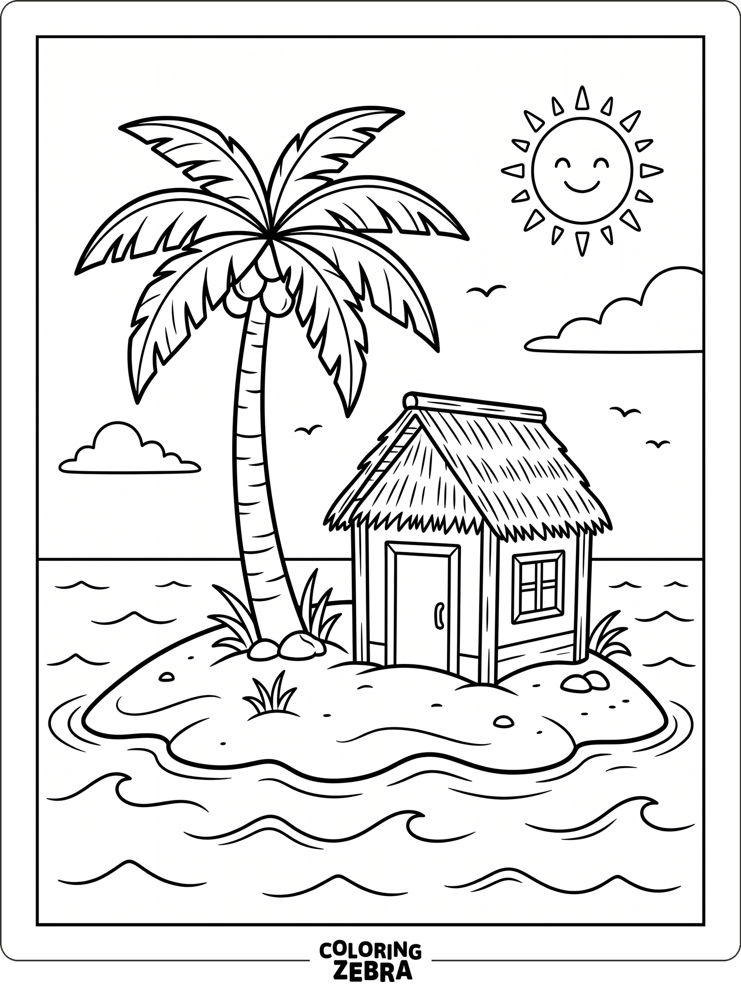 A calm island shoreline with a palm tree and gentle waves