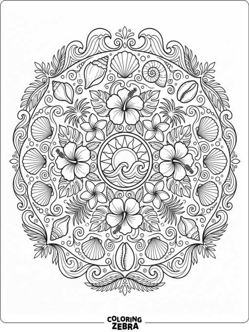 An island mandala with shells, flowers, and wave shapes