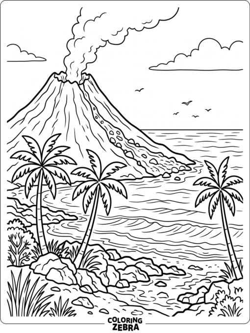 A Hawaiian volcano near the ocean and palm trees