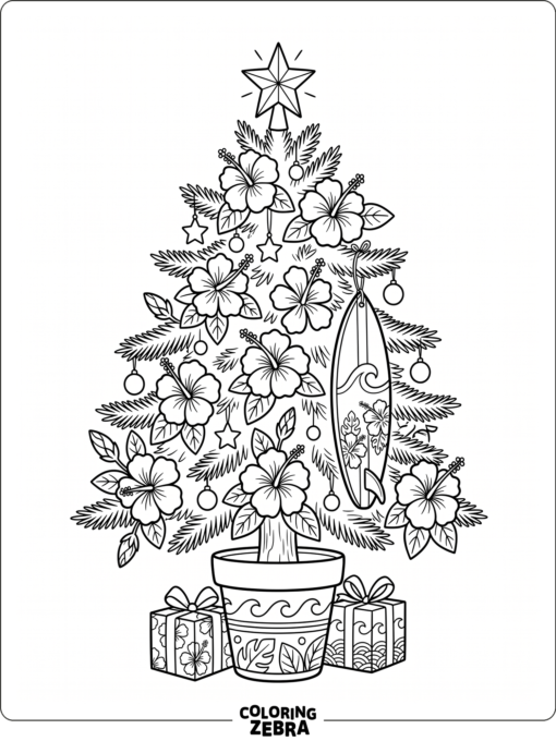 A Christmas tree with hibiscus ornaments and a surfboard