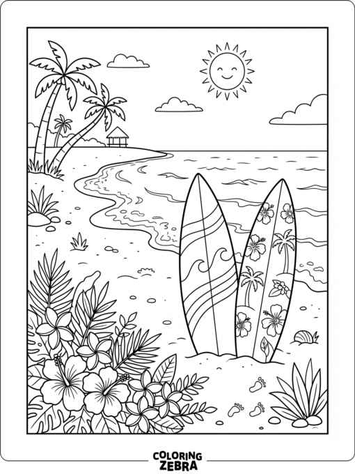 A tropical beach with flowers, surfboards, and bright waves