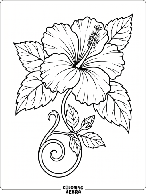 A large hibiscus flower with leaves and a curved stem