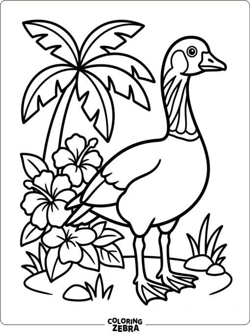 A Hawaiian goose beside palm leaves and flowers