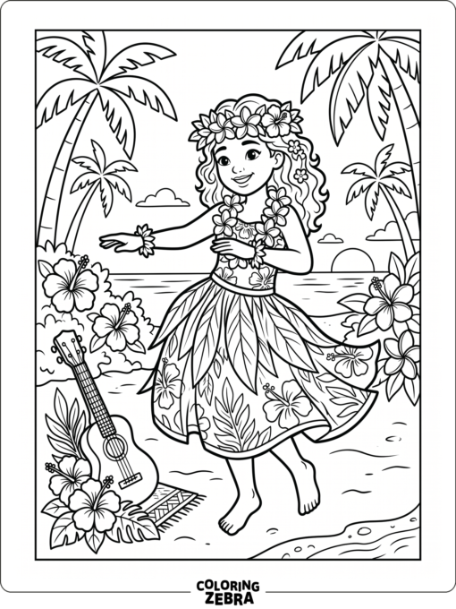 A hula dancer with a flower skirt and necklace