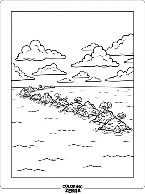 A chain of islands across a calm ocean