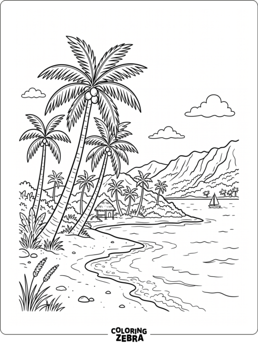 A small tropical island with palms and a beach