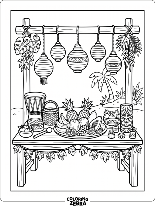 A luau table with fruit, drums, and lanterns