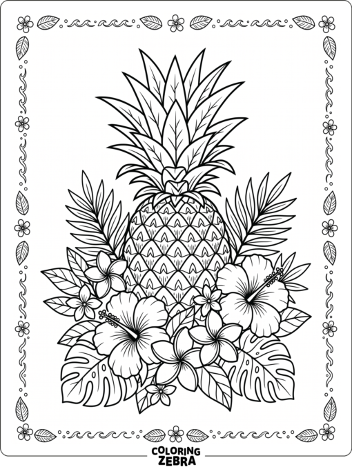 A pineapple with leaves and a tropical flower border
