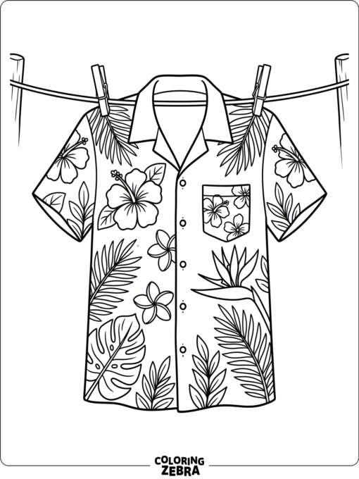 A floral aloha shirt hanging on a clothesline