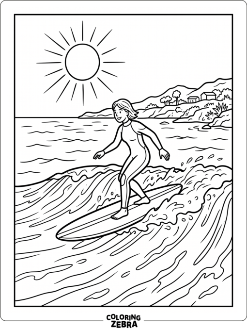 A surfer gliding on a wave near the shore