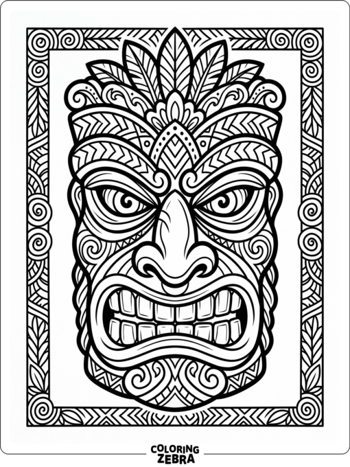 A carved tiki mask with a decorative border