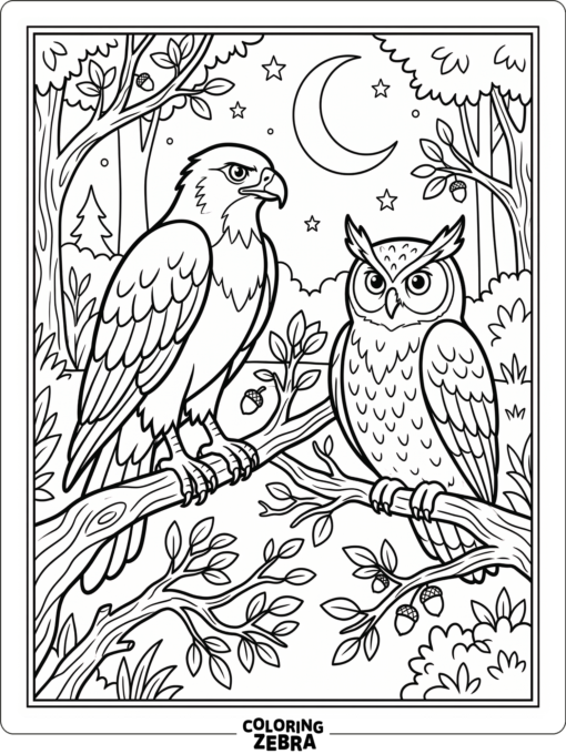 A hawk and owl on branches at night