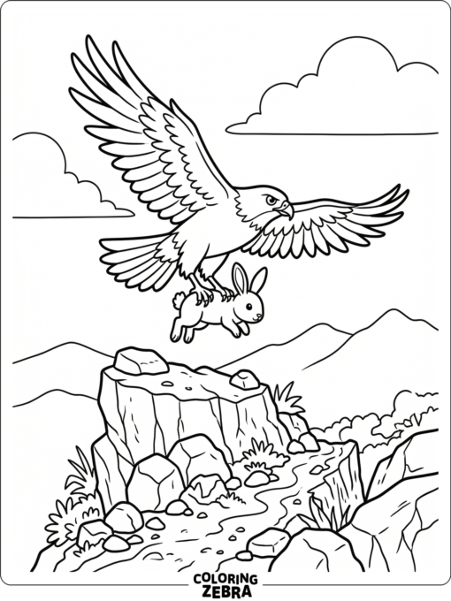 A hawk carrying prey over a rocky ledge