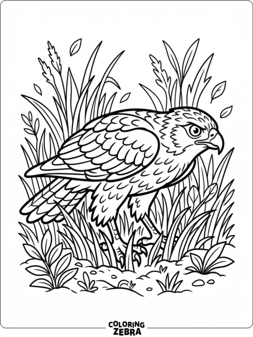 A hawk crouching in grass and watching closely