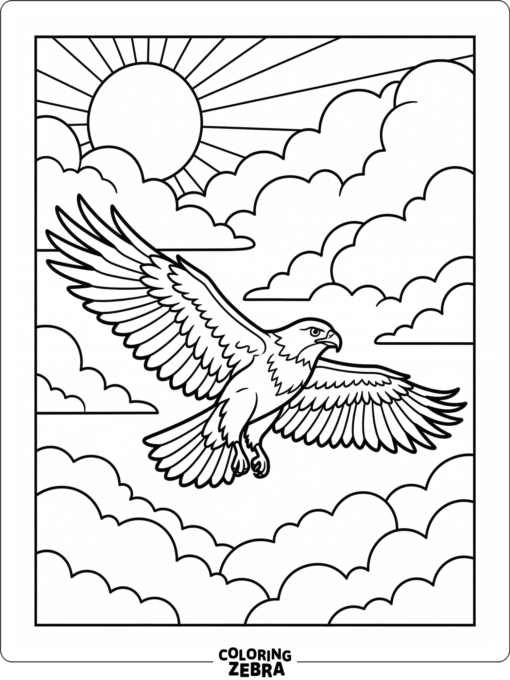 A hawk flying through clouds with wings spread wide