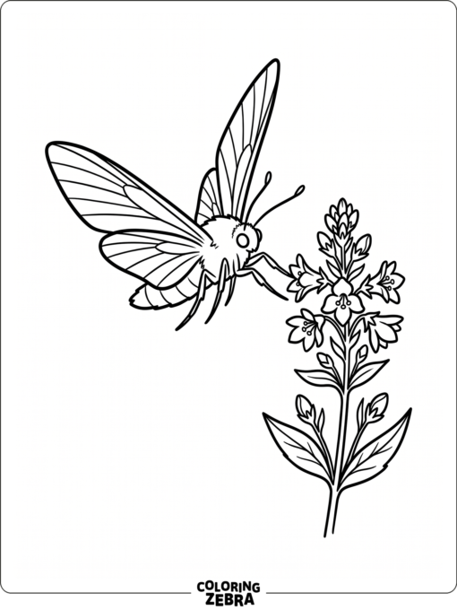 A hawk moth hovering near a flower