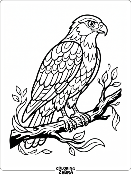 A hawk on a branch with decorative feathers