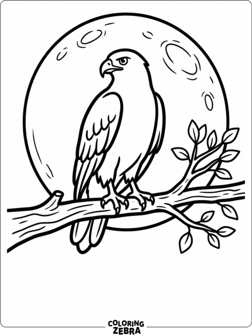 A dark hawk silhouette on a branch under a moon