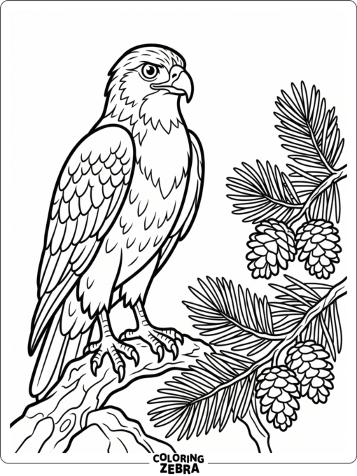 A hawk beside pine branches in a simple scene