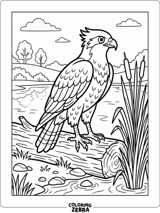 A hawk standing on a log by a pond