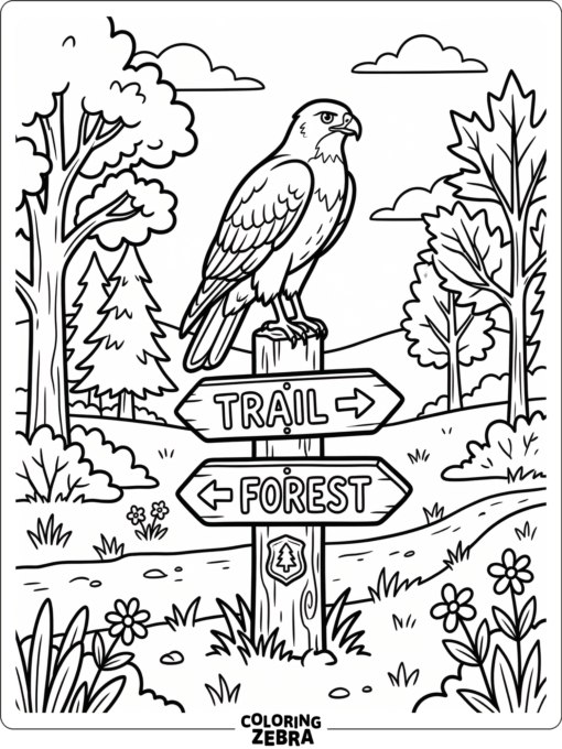 A hawk near a trail marker in a woodland scene